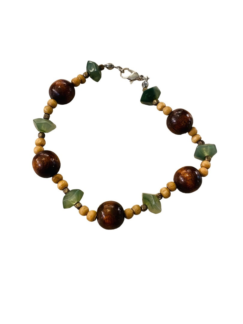 Wood Bead and Green Stone Bracelet 9" Lobster Clasp Lightweight Boho Style