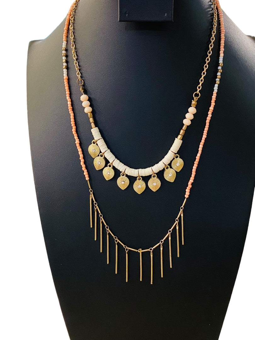 Dual Strand Layered Necklace Pink Seed Beads Goldtone 18-20"