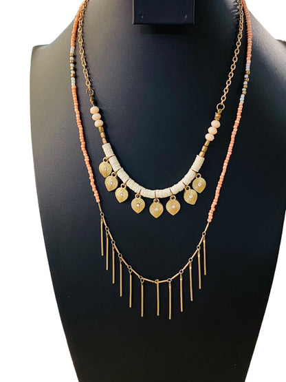 Dual Strand Layered Necklace Pink Seed Beads Goldtone 18-20"