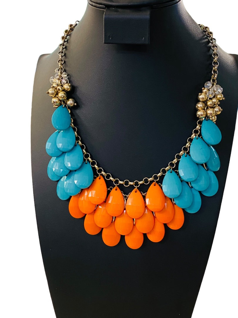 Statement Necklace Teal Coral Goldtone Funky Lays Flat Faceted Acrylic Beads