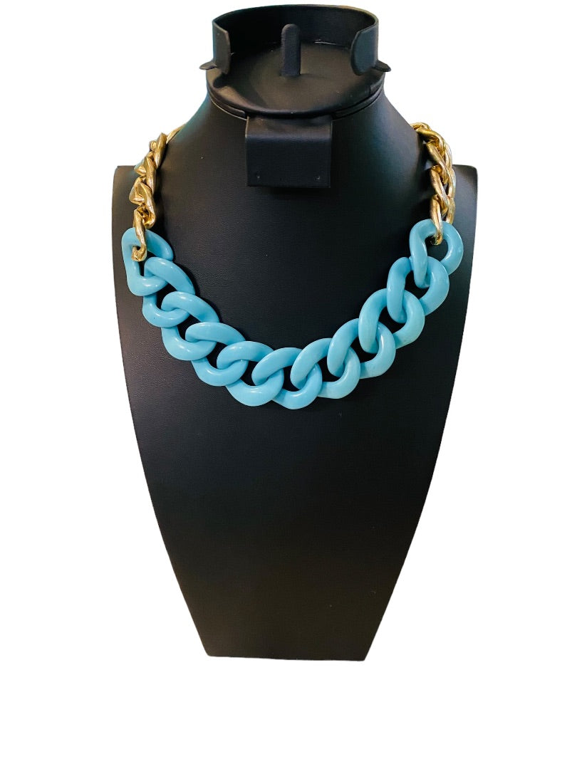 Chunky Acrylic Faux Turquoise and Goldtone 18-21" Statement Necklace