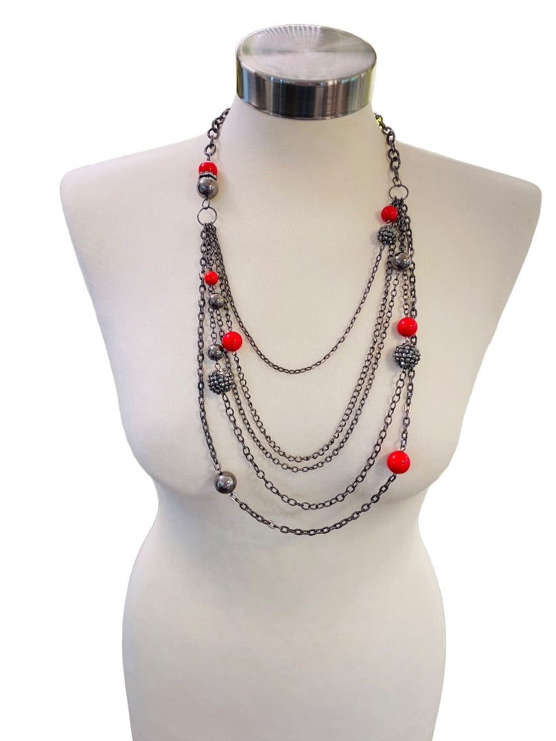 Pewter Color Layered Look Necklace Red Bead Lobster Clasp 27" Long