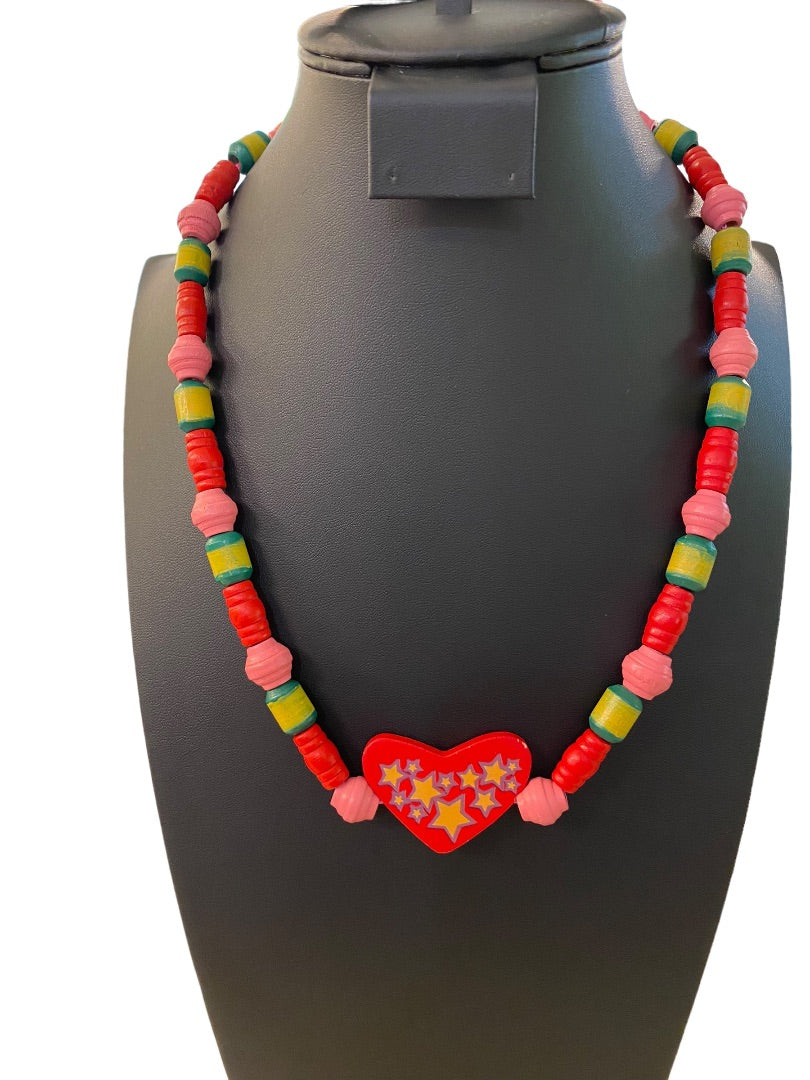 Wooden Beaded Necklace Tie Closure Heart Stars Red Pink Green Yellow 24" Craft