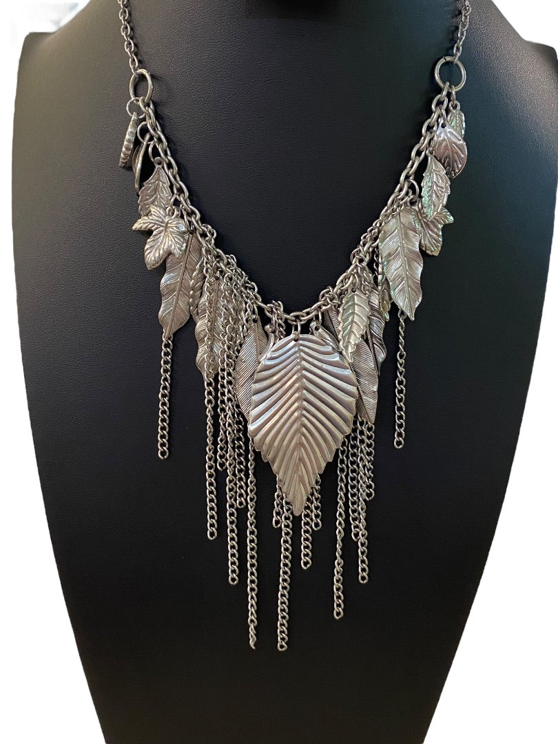 Silvertone Layered Boho Necklace Leaf and Chain Statement 16-18"