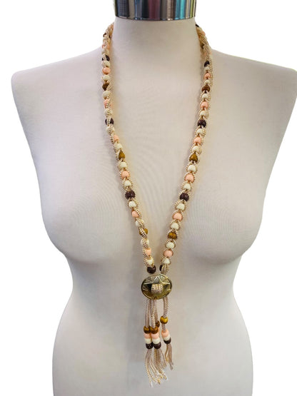 Braided Plastic Bead Necklace 32" Overhead Goldtone Pink Brown Lightweight 5" Tassel