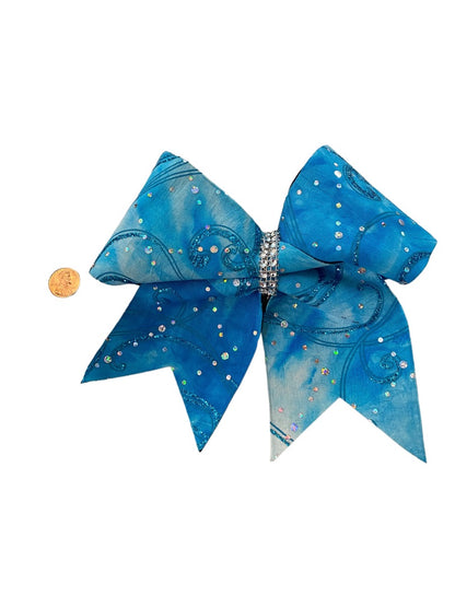 Girls Oversize Hair Bow 6.5" Elastic Ponytail Holder Blue Glitter Bejeweled