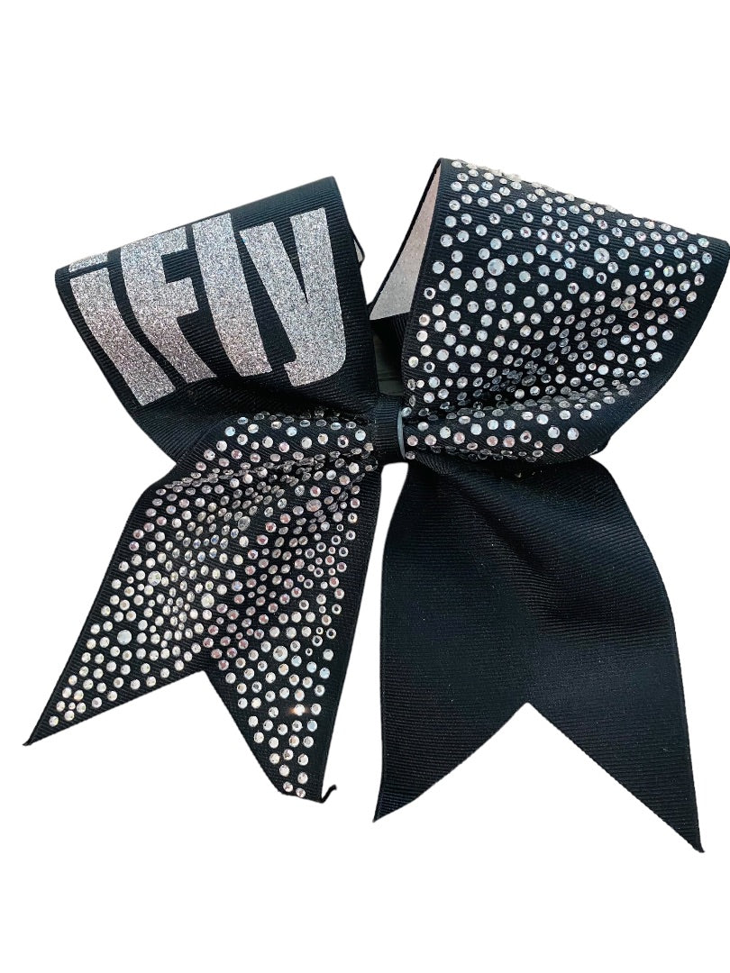 Girls Oversize Hair Bow 6.5" Elastic Ponytail Holder "iFly" Black Silver Bejeweled