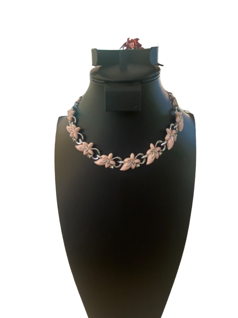 Vintage 13-15" Necklace Hook Closure Pink Plastic Leaf Silvertone