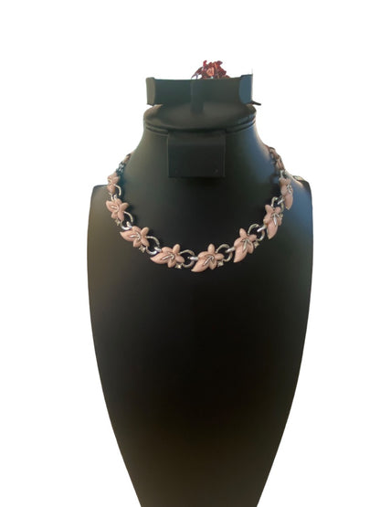 Vintage 13-15" Necklace Hook Closure Pink Plastic Leaf Silvertone