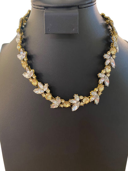 Goldtone Statement Necklace Vine Design Green Clear Faceted Jewels 16-18" Lays Flat