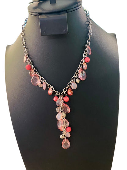 Silvertone Necklace Pink and Mauve Acrylic Faceted Beads 16-19" with 3" Drop