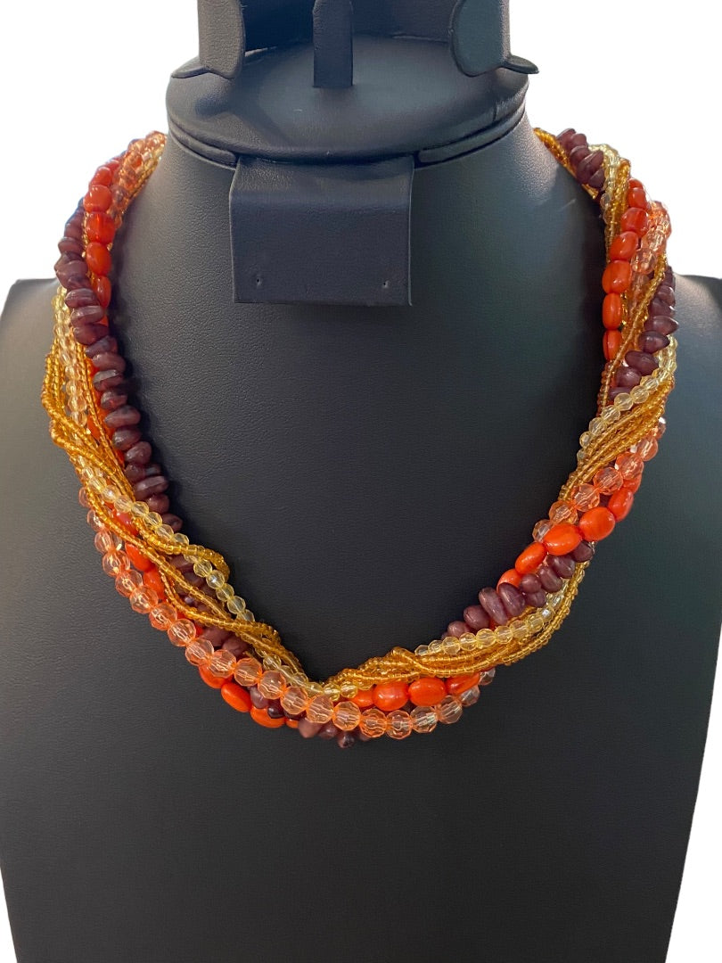 Vintage Twist Multistrand Acrylic Beaded Necklace 18-21" Orange Brown Lobster Clasp