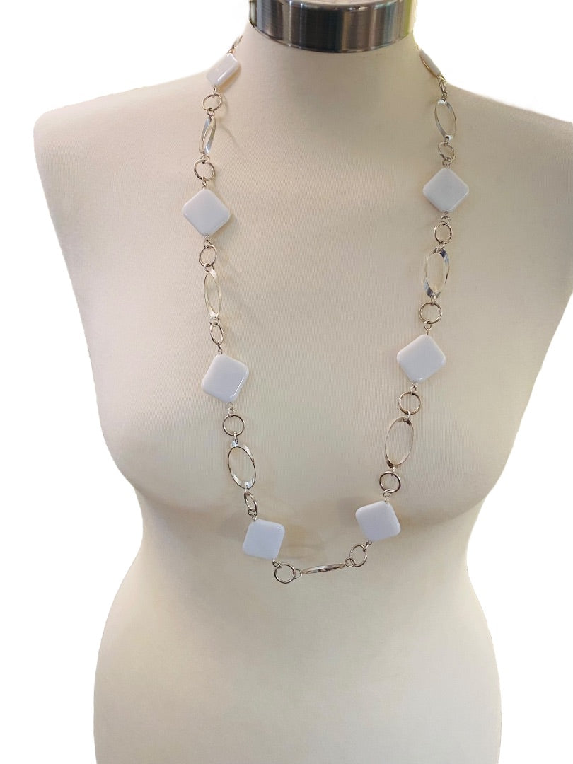 Silvertone and White Acrylic Square Necklace Overhead 34" Lightweight
