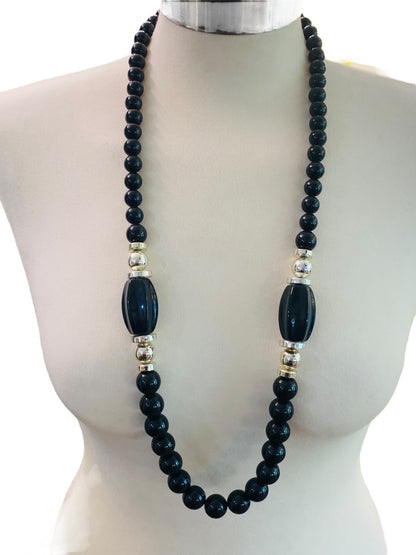 Chunky Black Graduated Bead Necklace Vintage 1990s Silvertone 35" Spring Clasp