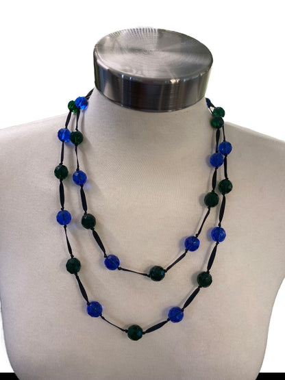 Blue Green Black Knotted Ribbon Necklace Faceted Beads 48" Oversize Spring Clasp