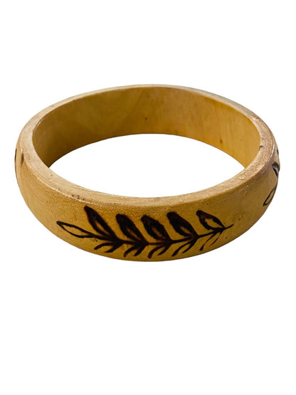 Vintage Wooden Bangle Bracelet Wood Burned Fern Design 2.75" Inside Diameter