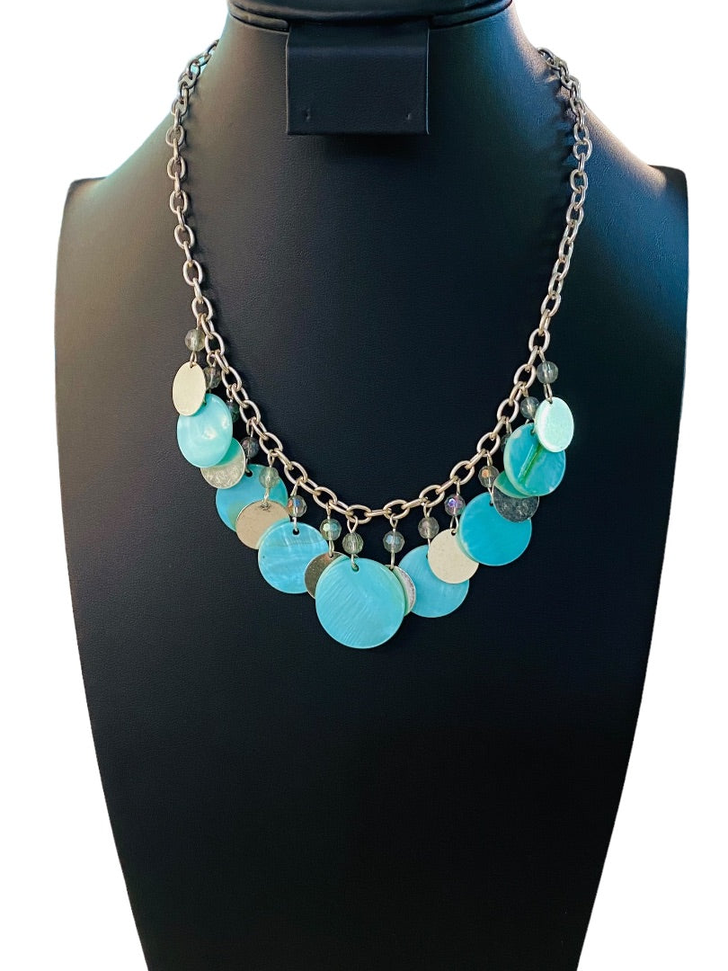 Silvertone and Aqua Charm Layered Circle Necklace 16-19" Lobster Clasp