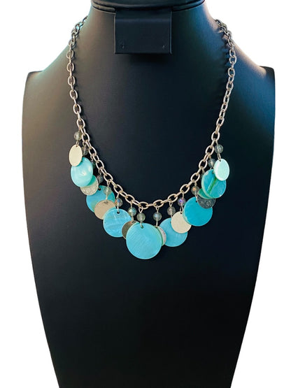 Silvertone and Aqua Charm Layered Circle Necklace 16-19" Lobster Clasp