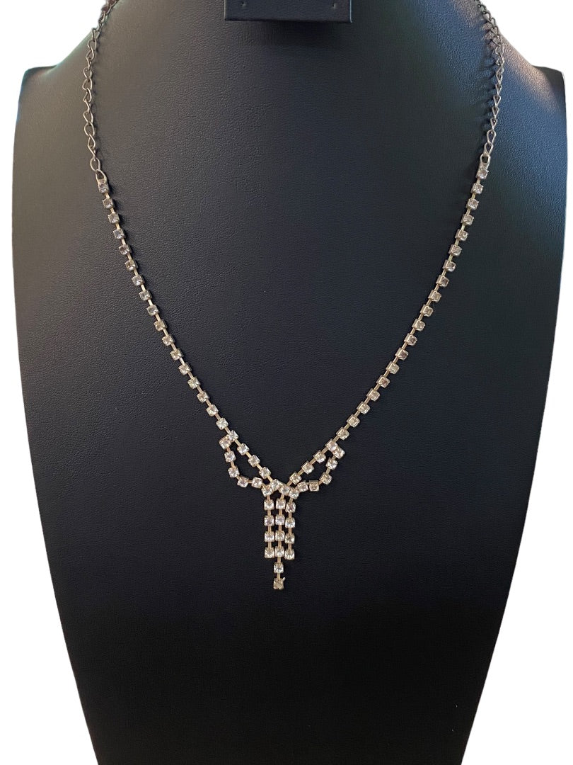 Rhinestone Formal Silvertone Necklace 21" Lobster Clasp 2" Drop