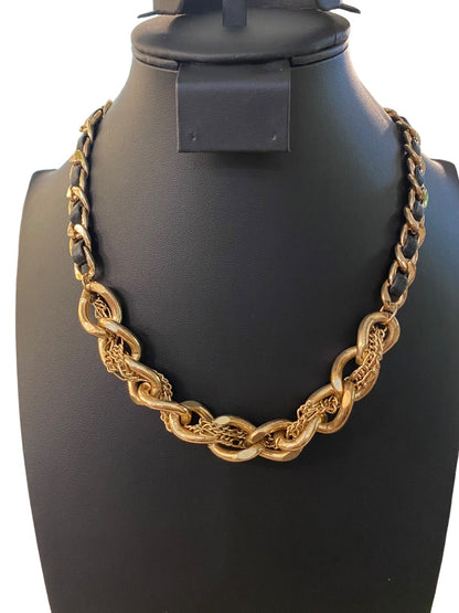 Goldtone and Black Cord Chunky Dual Strand Chain Necklace 17-19" Lobster Clasp