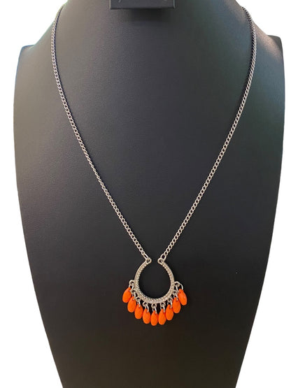 Silvertone 22" Necklace Coral Acrylic Beaded Attached Pendant Necklace