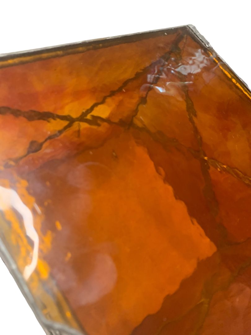 Amber  Stained Glass Lidded Hinged Box Footed Decorative Storage 6.5" Square x 5"h