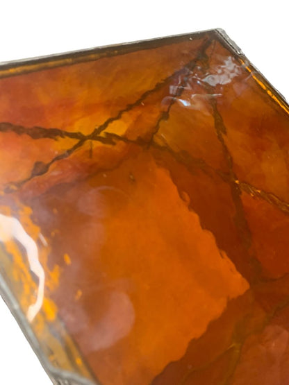 Amber  Stained Glass Lidded Hinged Box Footed Decorative Storage 6.5" Square x 5"h