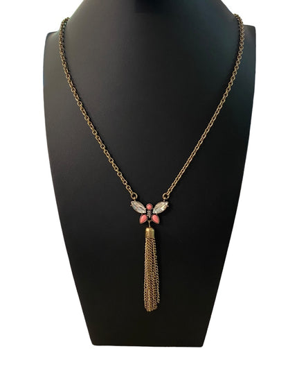 Goldtone Tassel Butterfly 31" Necklace 3.75" Drop Lobster Clasp