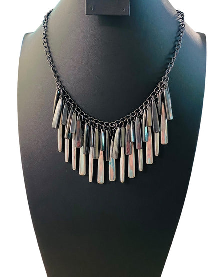 New York & Co Pewter Color and Silvertone Fringe Necklace 18-21" Lobster Clasp 1.5" Drop