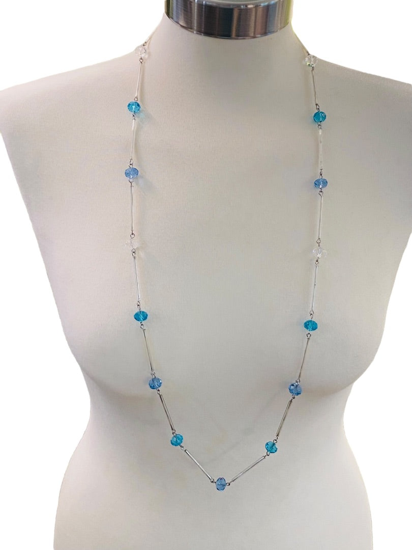 Silvertone Blue Aqua Beaded Overhead 36" Strand String Necklace