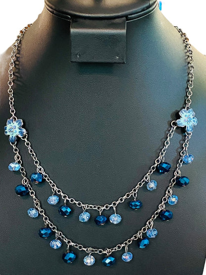 Dark Silvertone Blue Beaded Layered Necklace Floral 19" Lobster Clasp