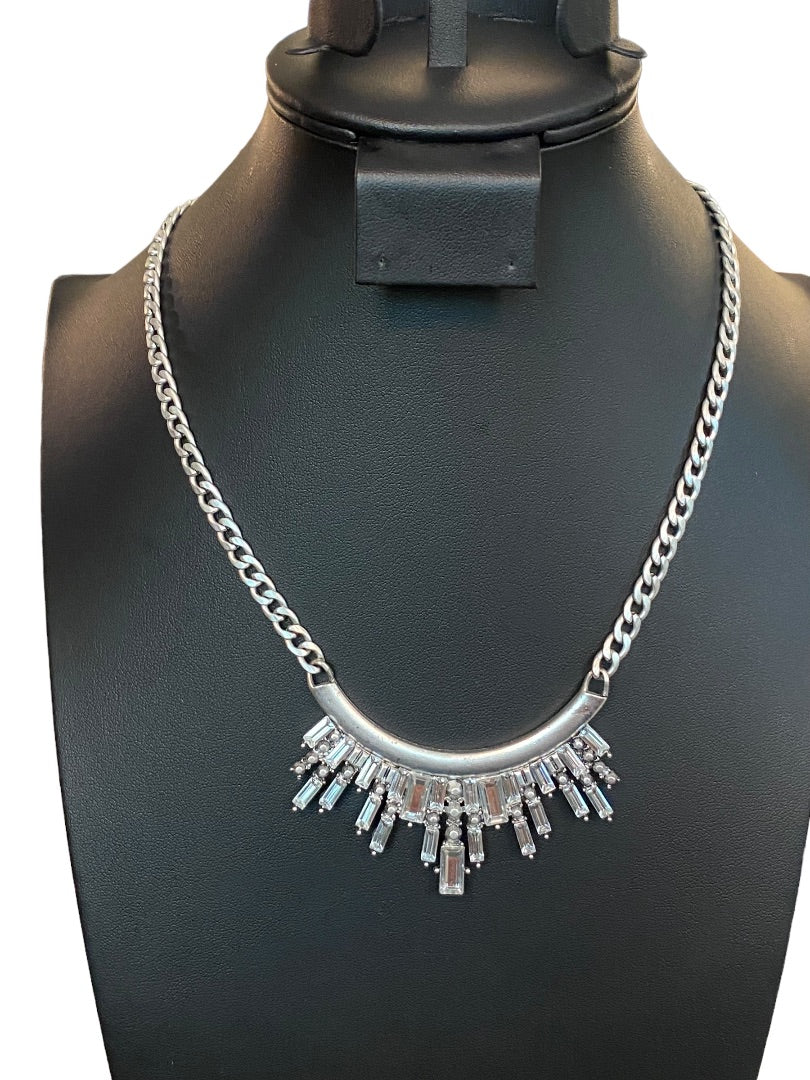 Silvertone Necklace 18"-21"Demilune Attached Pendant Lobster Clasp