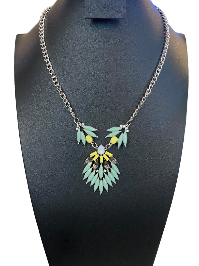 Silvertone Green Yellow 18-19" Statement Necklace Beaded Green Yellow