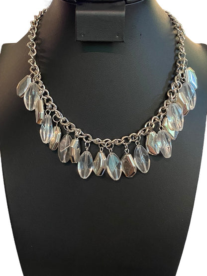 Silvertone 17" Statement Necklace Clear Charm Beads Lobster Clasp