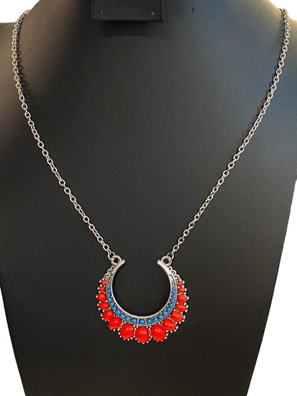 Silvertone Pendant Necklace Statement 33" Red Teal Beaded Pendant (2")