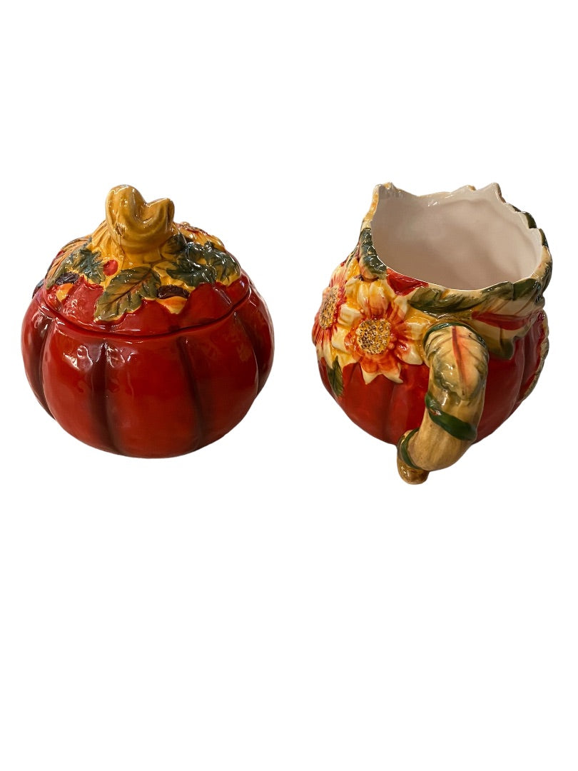 Country Road Ceramic Creamer and Lidded Sugar Bowl Pumpkin Fall Autumn