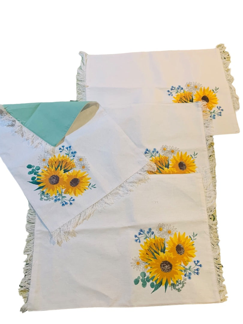 Set of 4 Backed Fabric 18" x 13" New Sunflower and Turquoise Fringed 100% Cotton