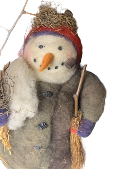 Snowman Decoration Felted over Styrofoam Country Nature Theme 12"