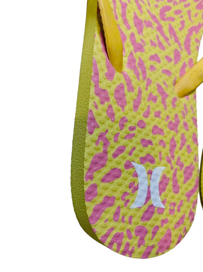 10M Hurley Womens New Animal Flip Flops Yellow Pink Cheetah Sunrise