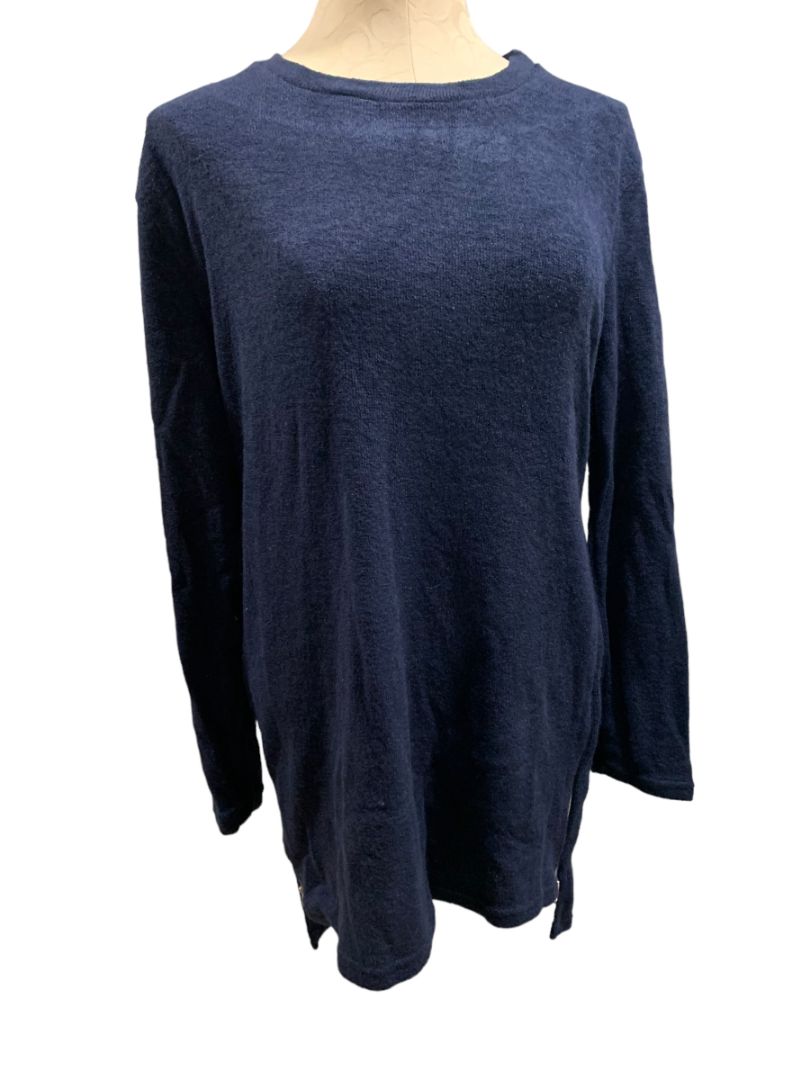 Small Womens Navy Blue Long Tunic Sweater New Side Zip Detail Silvertone