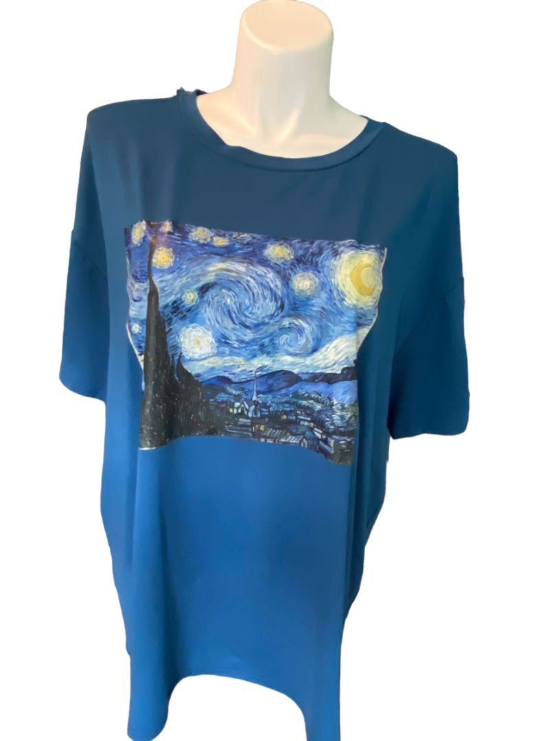 2X Shein Curve Peacock Blue Van Gogh Starry Night T-shirt Tee Shirt