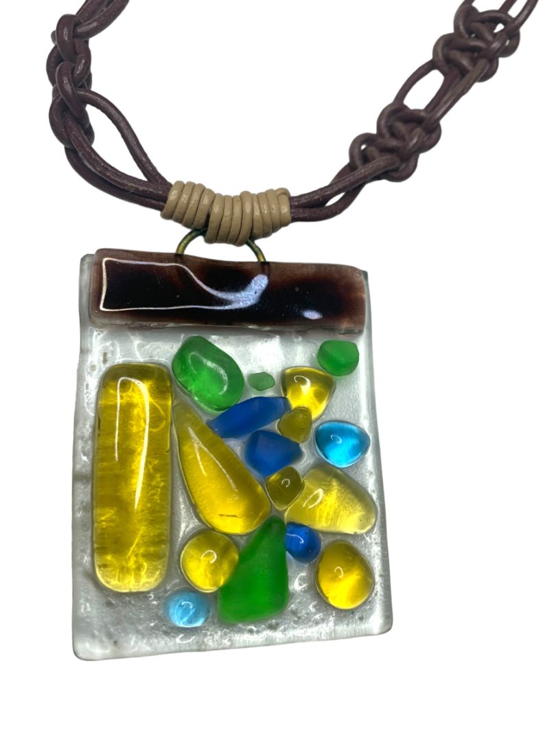 Art Glass Pendant Statement Necklace Mulitcolor 14" Toggle Clasp 2.2"h