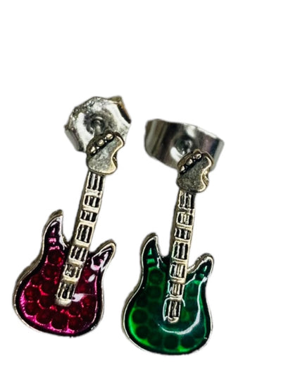 Pierced Post Guitar Earring Silvertone Pink Green Petite .5" Stud