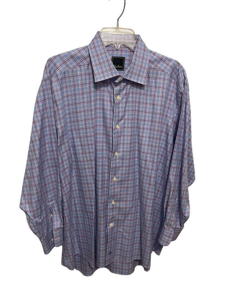 17.5 (32/33) David Donahue 100% Cotton Button Up Mens Plaid Dress Shirt Purple Blue Plaid