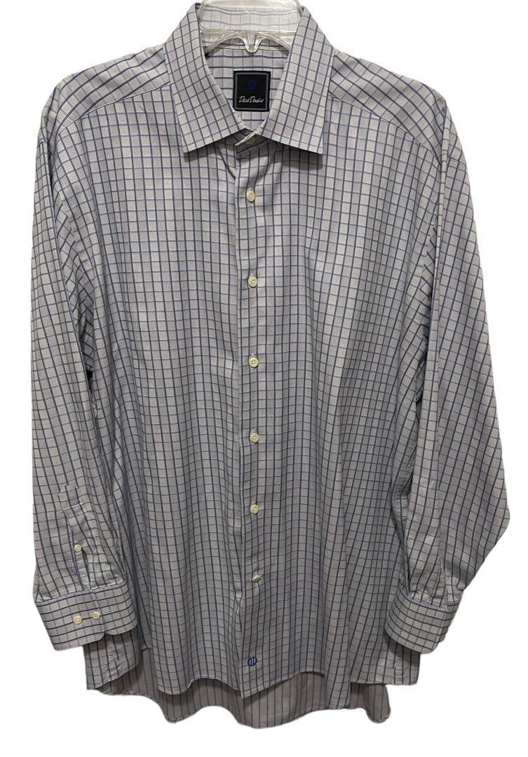 17.5 (32/33) David Donahue 100% Cotton Button Up Mens Plaid Dress Shirt Blue