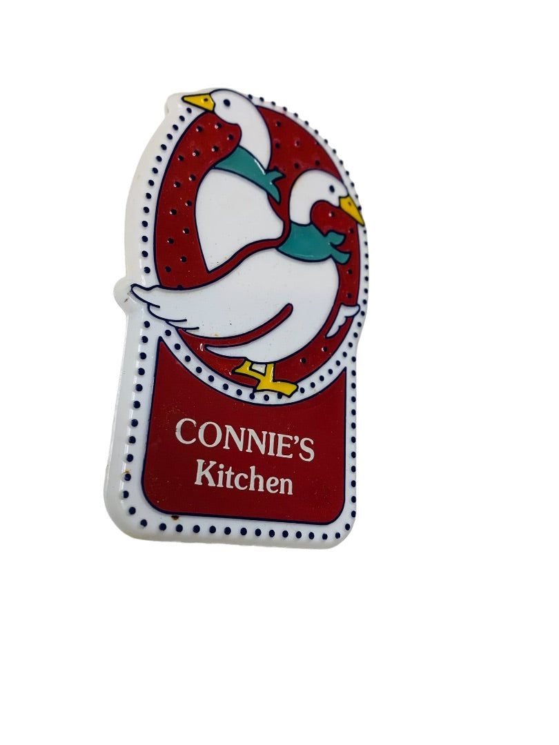 Vintage 1980s Country Goose Plastic Magnet "Connies Kitchen"  4.75" x 2.75"