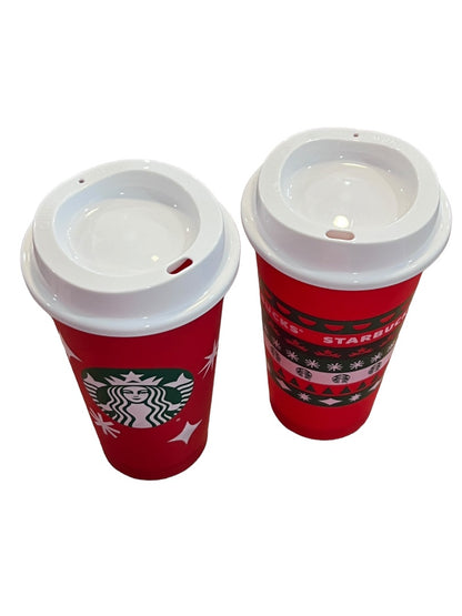 Starbucks 2 Christmas Coffee Cups & Lids Red Holiday Plastic 25 Years Tall 16oz Brand New