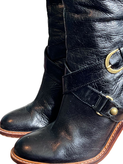 Size 8M Boutique Women's Charissa Black Leather Over the Knee Buckle Heeled Boots Boot