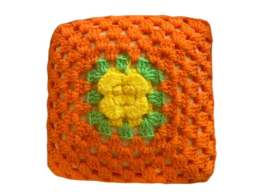 Vintage 1980s Crochet Cover Flower Throw Pillow 10" Accent Orange