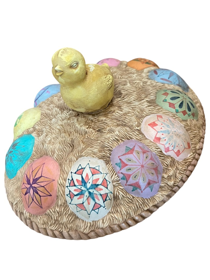 Vintage Hand Painted Chick on Ukrainian Eggs Basket Lidded Cookie Jar
